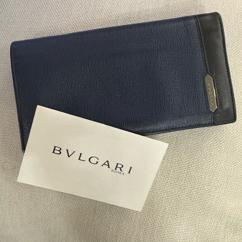 Rare Vintage Bulgari Navy Blue Long Wallet Bill Fold Card Holder COA BVLGARI
